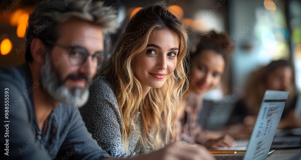 Obraz premium Team of Business People in Office Using Laptop for Digital Project Development and Creative Problem Solving Showcasing Teamwork and Entrepreneurial Spirit