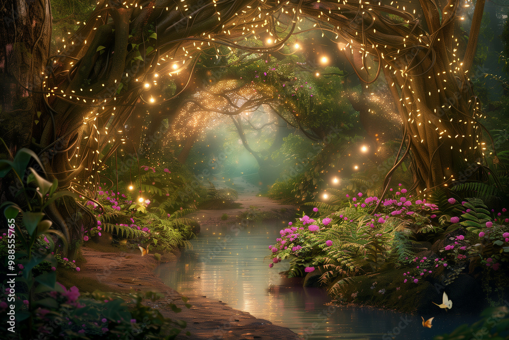 Obraz premium Enchanting River Path Lit by Magical Twinkling Lights