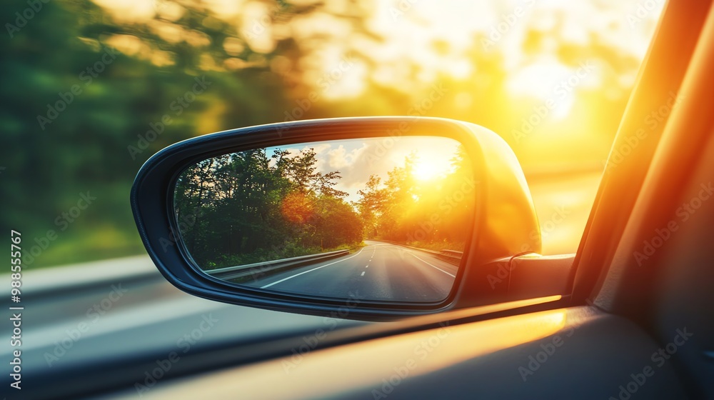 A car's side mirror reflecting a road through the forest at sunset. A car's side mirror reflecting a road through the forest at sunset.