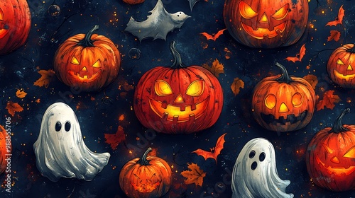 Seamless Halloween vector pattern featuring pumpkins ghosts bats in a spooky arrangement photo