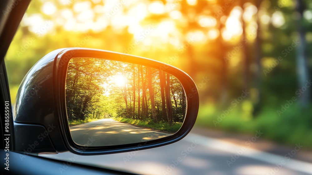 A car's side mirror reflecting a road through the forest at sunset. A car's side mirror reflecting a road through the forest at sunset.