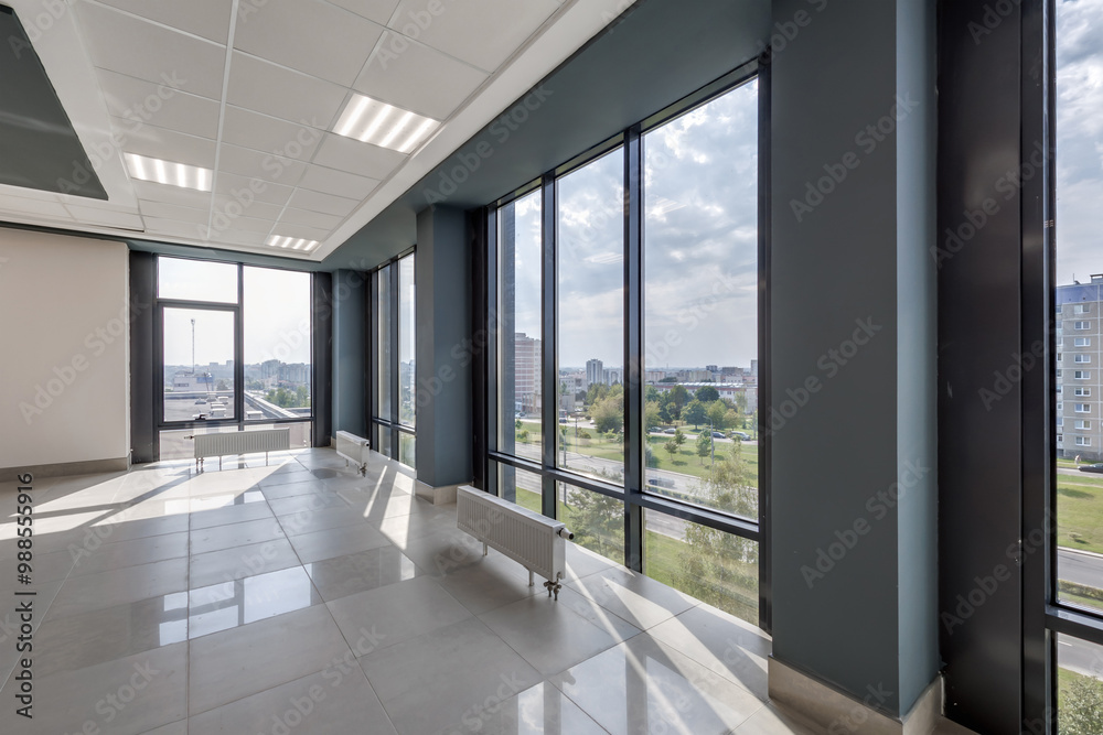 Fototapeta premium panorama view in empty modern hall with columns, doors and panoramic windows