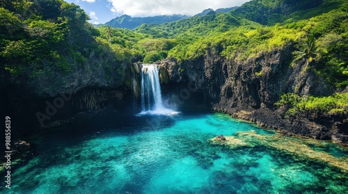 Majestic Waterfall Cascading into Turquoise Pool in Lush Tropical Landscape