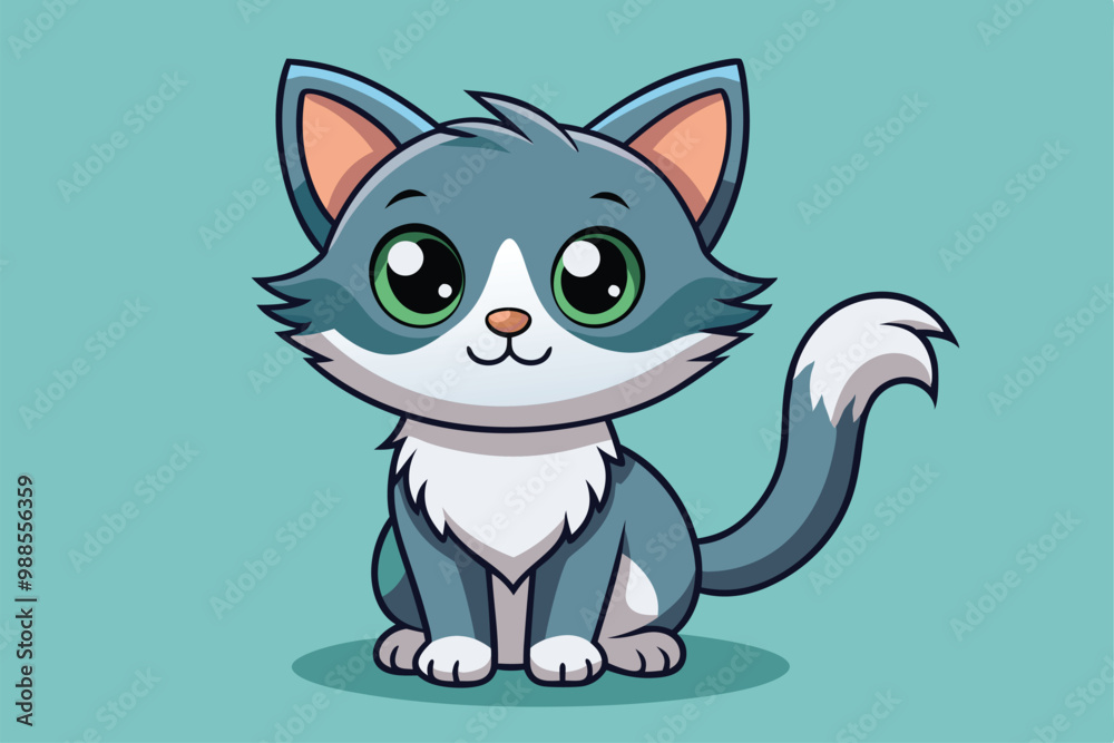 A cartoon cat with big eyes sits cutely on a teal background, looking playful and ready for fun, a cartoon character cute cat A cartoon cat with big eyes sits cutely on a teal background, looking playful and ready for fun, a cartoon character cute cat