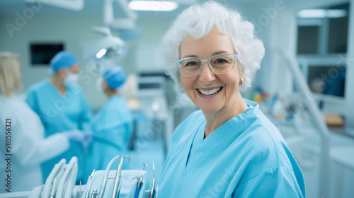 A happy senior patient smiling, while the dentist hands over a dental care kit, with medical tools and dental charts in the background.