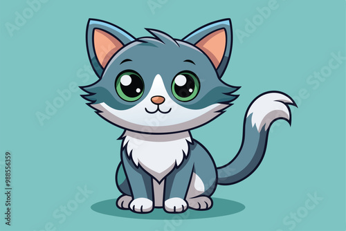 A cartoon cat with big eyes sits cutely on a teal background, looking playful and ready for fun, a cartoon character cute cat