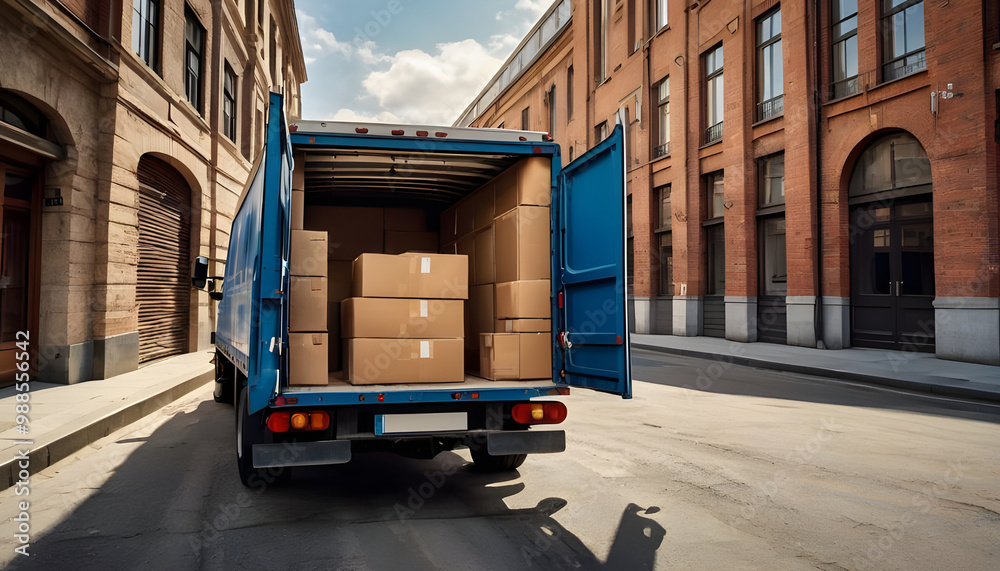 Naklejka premium Truck with open doors Delivery concept urban street delivery street with boxes loaded inside 