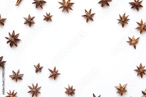 Christmas concept of branches with anise on white background. Flat lay, top view with generative ai