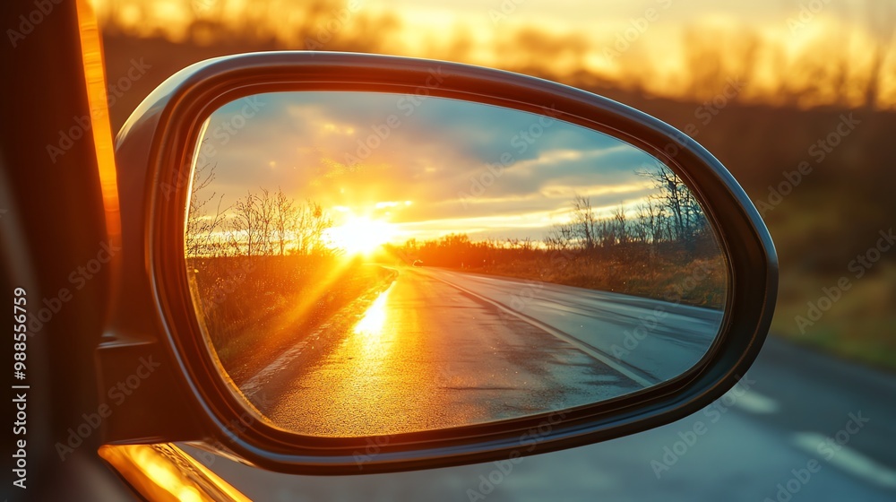 A car driving on a road, sunset is reflected in the rear view mirror. A car driving on a road, sunset is reflected in the rear view mirror.