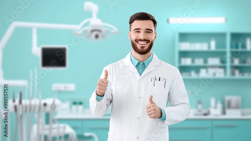 A cheerful dentist giving a thumbs up, surrounded by dental instruments, a bright overhead light, and a clean, minimalist clinic background.