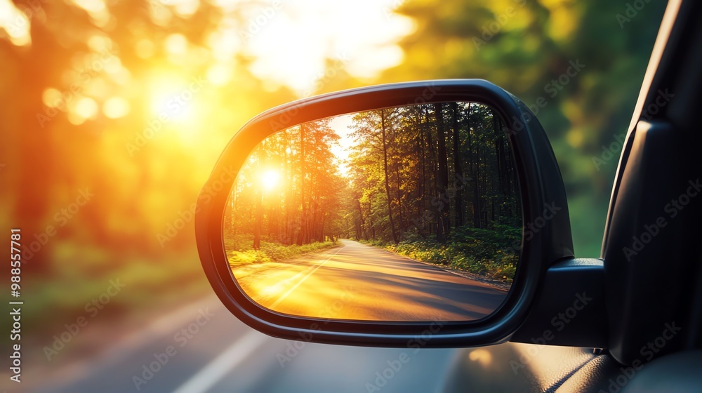 A car side mirror reflecting a sunset over a road in the woods. A car side mirror reflecting a sunset over a road in the woods.