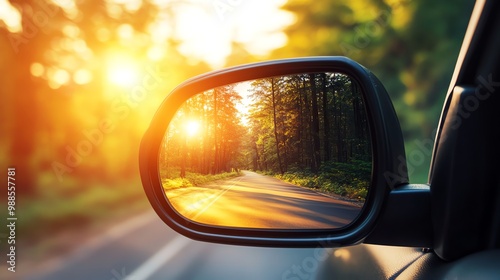 A car side mirror reflecting a sunset over a road in the woods.