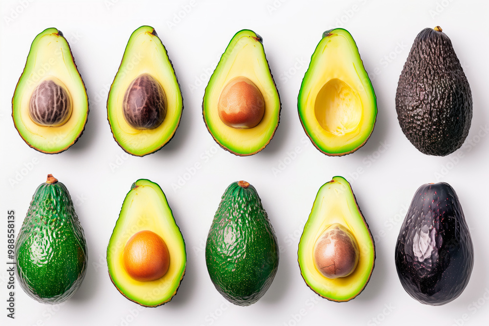 Halved and whole avocados arranged neatly on a white background, showcasing green flesh and brown seeds. Halved and whole avocados arranged neatly on a white background, showcasing green flesh and brown seeds.