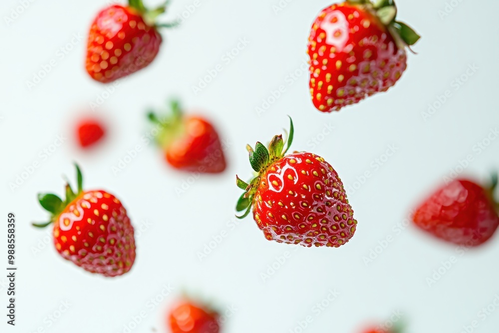 Fresh, vibrant strawberries falling in mid-air, dynamically suspended against a clean white background. Fresh, vibrant strawberries falling in mid-air, dynamically suspended against a clean white background.