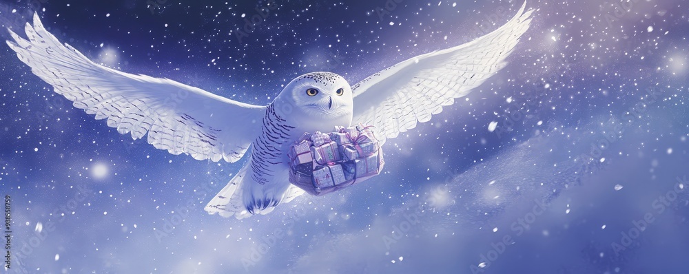 Obraz premium Majestic Snowy Owl Delivering a Sparkling Gift in a Magical Night Sky