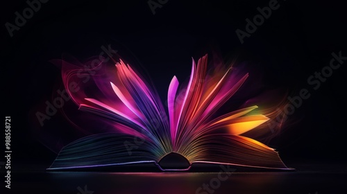 Open book with neon flowing shapes, diversity in education, colorful learning, inclusive knowledge, global perspectives, creativity and growth