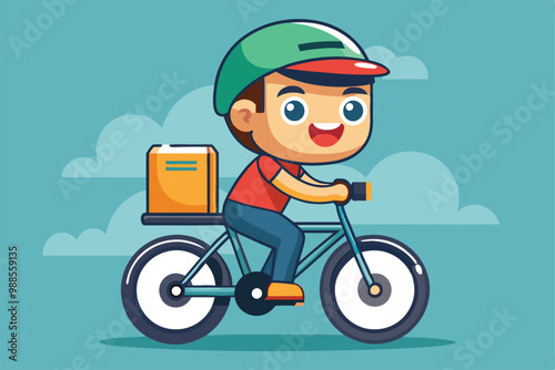 A cheerful delivery man rides his bicycle, carrying a package in a vibrant city setting, a cartoon character cute delivery man on a bicycle