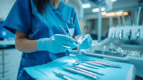 A dentist adjusting the dental chairâs position, ensuring the patient is comfortable, while reaching for sterilized dental instruments on the tray. photo