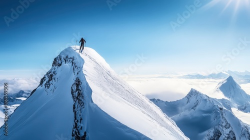 Skier Standing on a Snowy Mountain Peak Overlooking Majestic Alpine Range photo