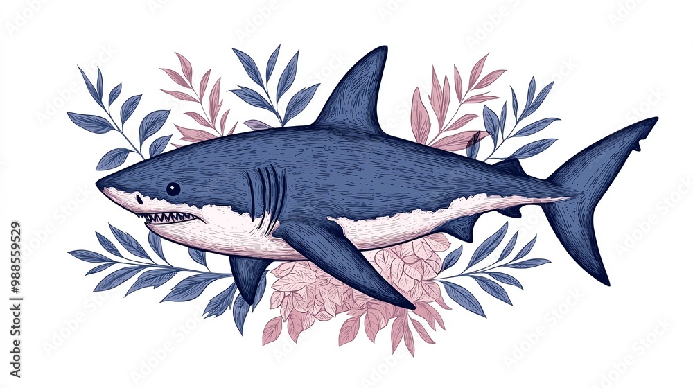 Fototapeta premium A beautifully illustrated shark surrounded by delicate leaves and flowers, symbolizing the harmony of marine life.