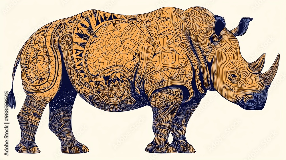 A beautifully illustrated rhinoceros featuring intricate patterns and textures, combining art with wildlife aesthetics. A beautifully illustrated rhinoceros featuring intricate patterns and textures, combining art with wildlife aesthetics.
