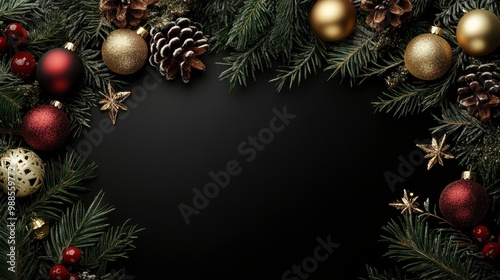 Christmas Decoration Border on a Black Background with generative ai