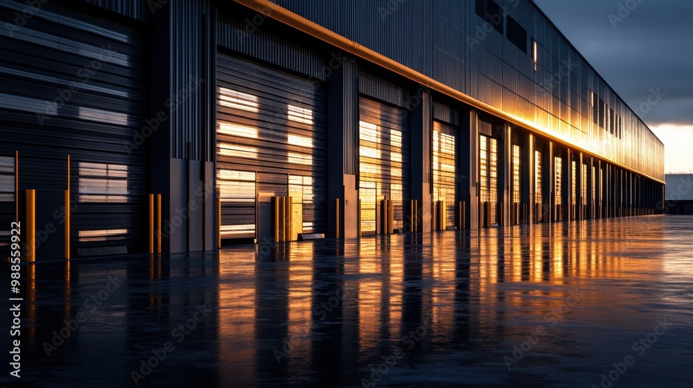 Industrial warehouse at sunset, featuring sleek architecture and large doors, with reflections shimmering on the wet ground. Industrial warehouse at sunset, featuring sleek architecture and large doors, with reflections shimmering on the wet ground.