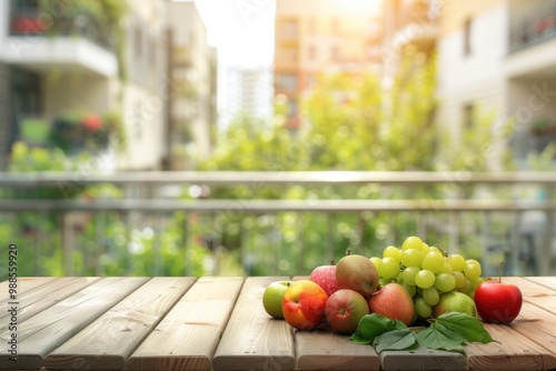 Table With Blurred Background. Fresh Green and Red Fruits on Wooden Table at Balcony with Residential Apartments in Background