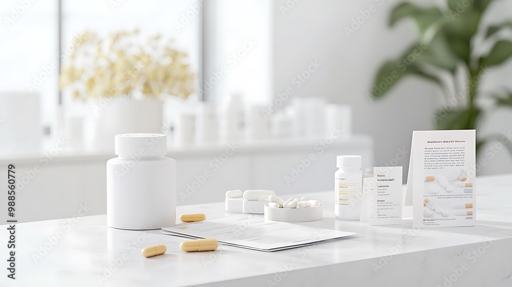 A high-end image of the pharmacy consultation counter with a clean, professional layout, including informational brochures and prescription medications. The scene is fully in focus with deep depth of A high-end image of the pharmacy consultation counter with a clean, professional layout, including informational brochures and prescription medications. The scene is fully in focus with deep depth of