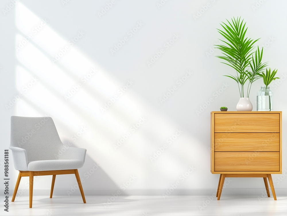 Fototapeta premium Elegant room interior with gray armchair and wooden dresser with decor