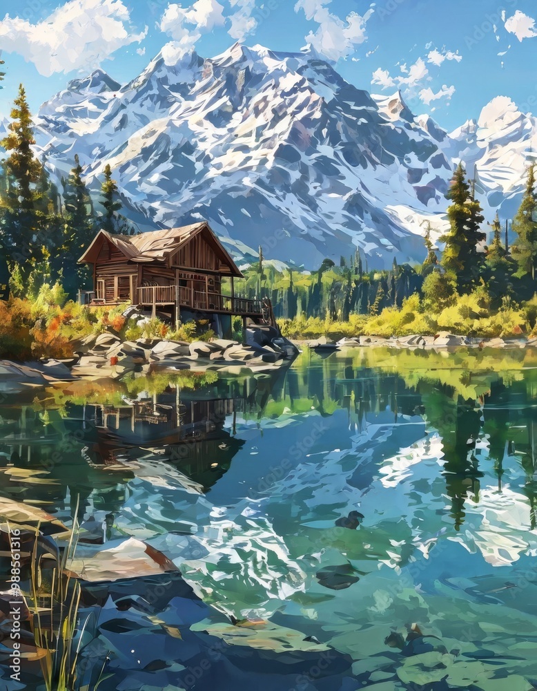 Fototapeta premium A picturesque wooden cabin sits by the edge of a tranquil lake, reflecting the towering snow-capped mountains and evergreen forest surrounding it. The clear blue sky and calm water create a serene