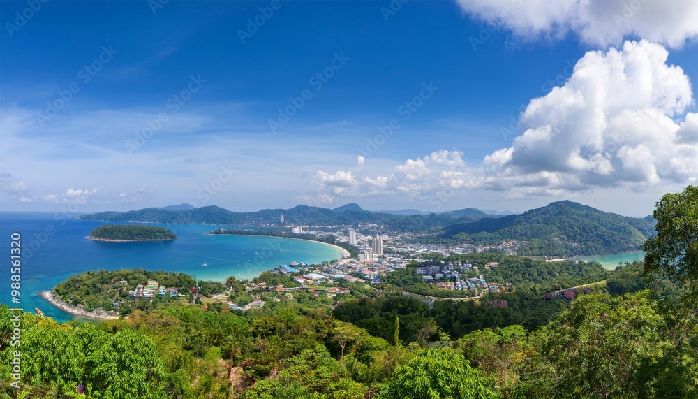 Panoramic landscape photography of a town at seaside with natural beauty, sea, mountains, clouds, trees, island, teal water Panoramic landscape photography of a town at seaside with natural beauty, sea, mountains, clouds, trees, island, teal water