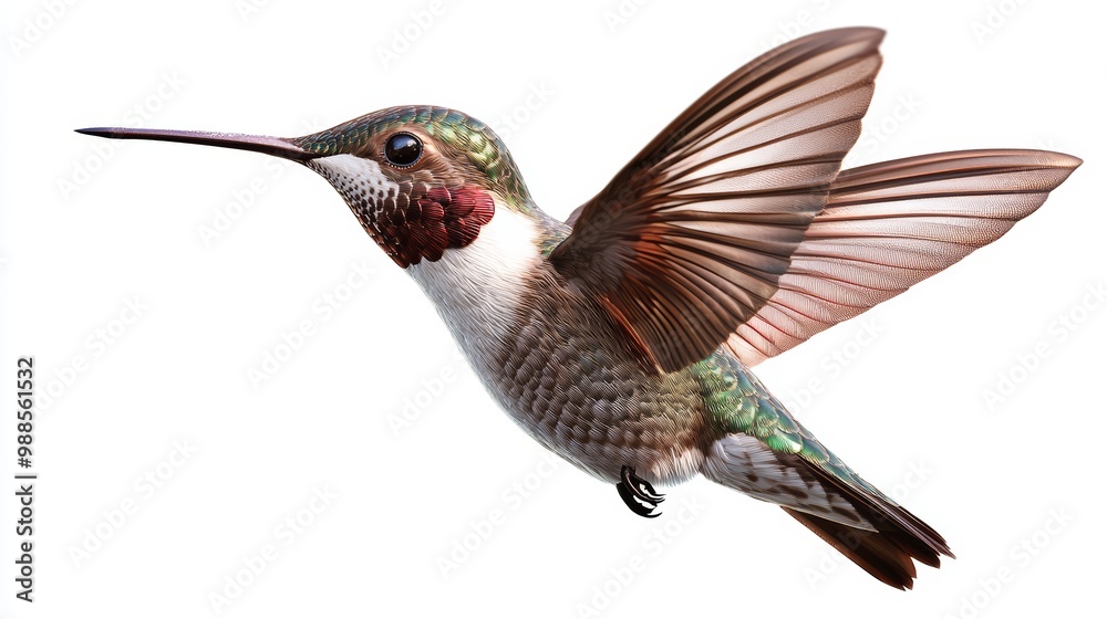 Fototapeta premium A stunning and detailed photo of a hummingbird in flight, capturing its delicate wings and iridescent feathers, rendered in ultra-realistic 10K