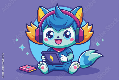 The adorable character plays games while wearing headphones, radiating joy in a vibrant atmosphere, a cartoon character cute gamer