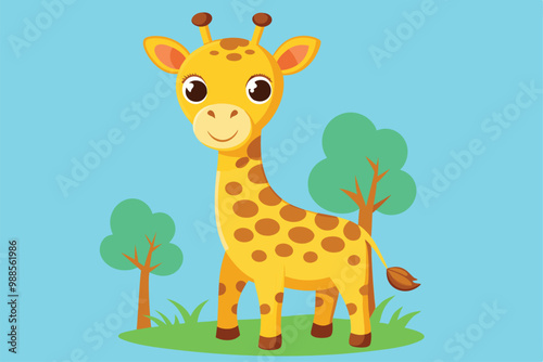 A cute giraffe smiles while standing among green trees under a clear blue sky, a cartoon character Cute giraffe
