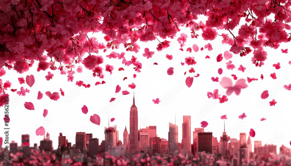 A surreal, hyper-realistic, 8K image of a cityscape adorned with blooming cherry blossoms, petals fluttering in the gentle breeze A surreal, hyper-realistic, 8K image of a cityscape adorned with blooming cherry blossoms, petals fluttering in the gentle breeze