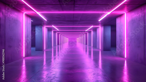 3D Neon Lights Tunnel Corridor - Futuristic Abstract Background