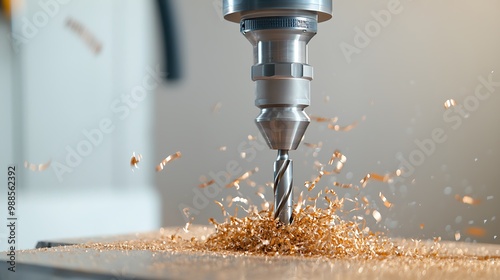 A detailed shot of a heavy-duty drill machine in action, with sharp metal shavings flying off the material. The image features deep depth of field with sharp focus on the machine and space for text.