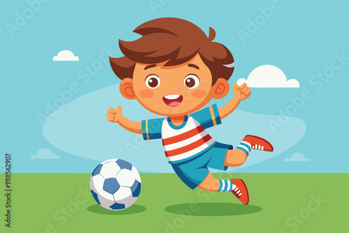 A joyful little boy runs happily while kicking a soccer ball in a park, a cartoon character Cute Happy cute little boy playing soccer footbal
