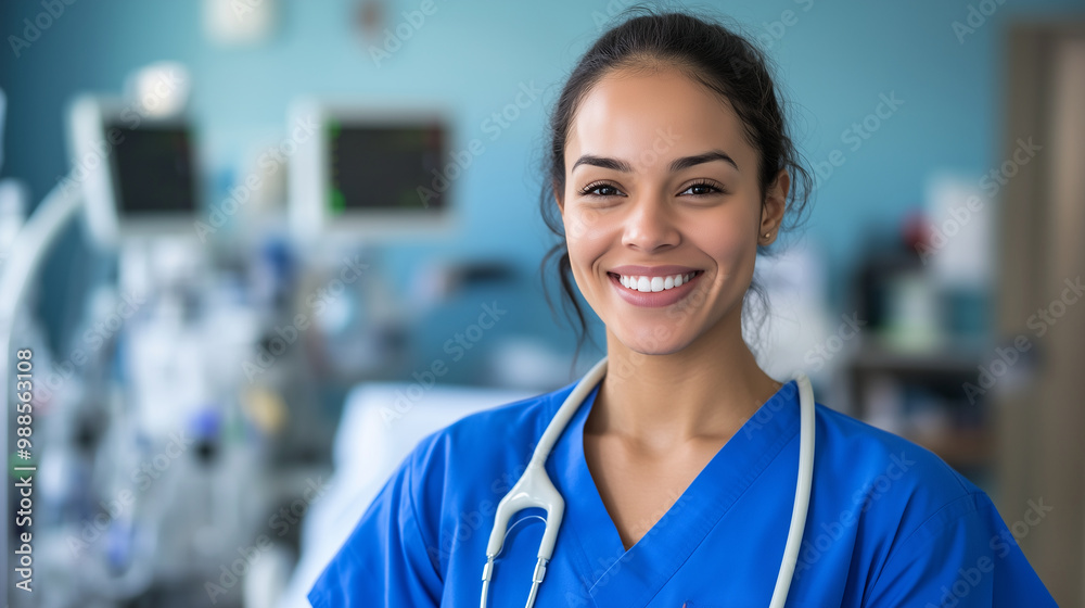 A smiling nurse in blue scrubs, standing confidently in a bright, modern hospital room, surrounded by medical equipment and soft natural light. A smiling nurse in blue scrubs, standing confidently in a bright, modern hospital room, surrounded by medical equipment and soft natural light.
