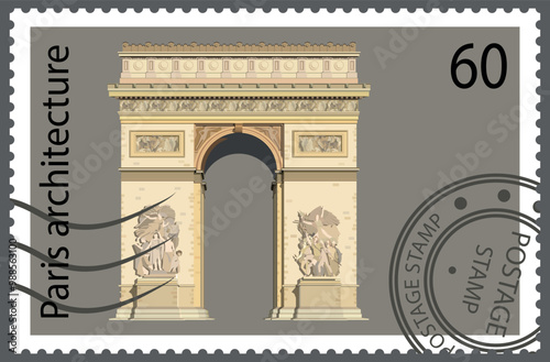 Postage stamp with the Arc de Triomphe in Paris. Vector.