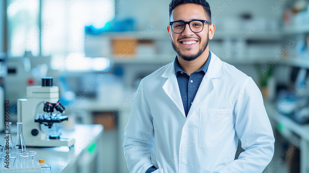 A doctor in a lab coat, smiling with hands in pockets, standing in a bright research lab with microscopes and test tubes around. A doctor in a lab coat, smiling with hands in pockets, standing in a bright research lab with microscopes and test tubes around.