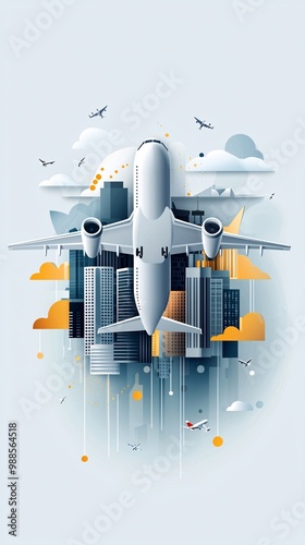 Flat vector airplane flying over a city.