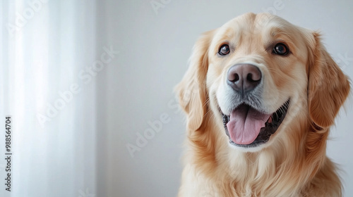 A close-up portrait of a fluffy golden retriever on a white background, its fur shining in the soft light, with a playful yet serene expression.