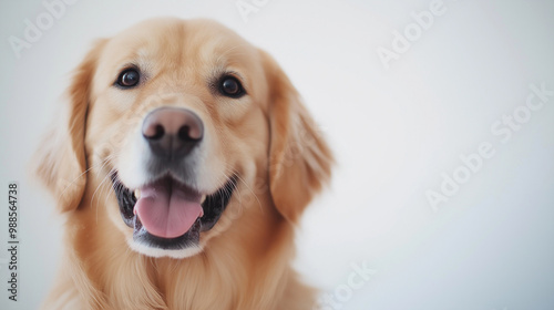 A close-up portrait of a fluffy golden retriever on a white background, its fur shining in the soft light, with a playful yet serene expression.