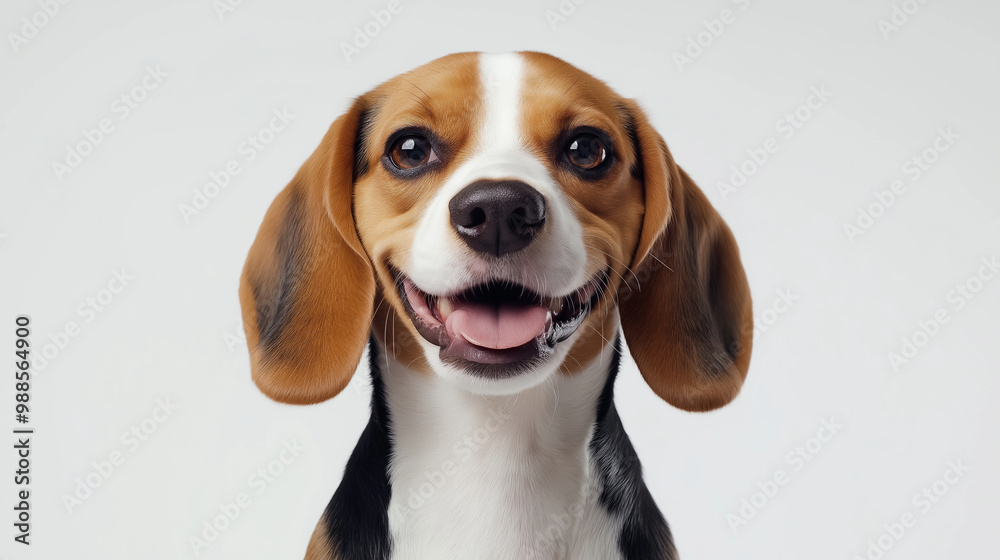 A happy beagle with expressive eyes, captured mid-smile, sitting against a white background, the light reflecting off its smooth tricolored coat. A happy beagle with expressive eyes, captured mid-smile, sitting against a white background, the light reflecting off its smooth tricolored coat.