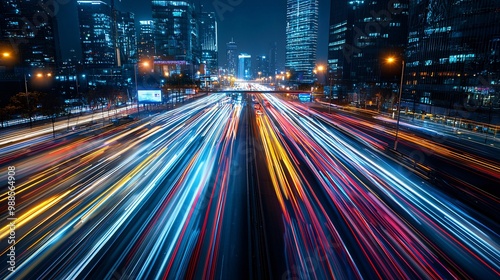 City traffic at night with light trails from cars, wide shot, vibrant urban glow.