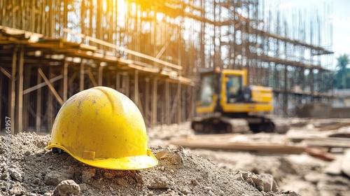 a bright yellow hard hat placed on a construction site with scaffolding and machinery in the background.