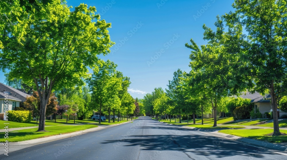 Trees Neighborhood. Empty Street and Green Trees in Southwest USA Residential Town Trees Neighborhood. Empty Street and Green Trees in Southwest USA Residential Town