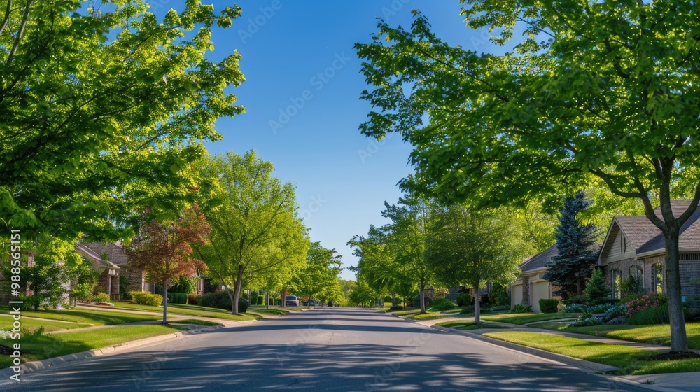 Trees Neighborhood: Empty Street Lined with Trees in Southwest USA Residential Suburb Trees Neighborhood: Empty Street Lined with Trees in Southwest USA Residential Suburb
